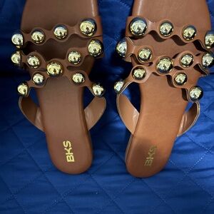 NWT,Women’s Brown Slide Sandals with Gold Studs